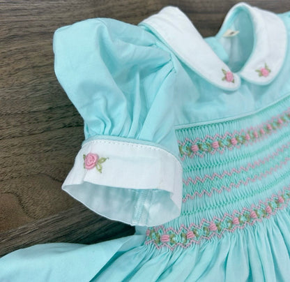 Mint smocked dress with pink embroidery