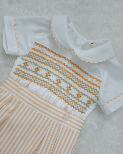 Boys orange/peach stripe smocked suit ( got matching dress available ) HERE IN 10 DAYS
