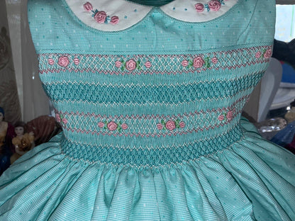 Hand Smocked Baby Girl Dress UK | Mint Sleeveless Dress with Pink Smocking | Matching Boys Outfit | Baby Jones Ltd