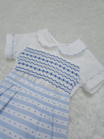 Baby blue stripe smocked boys romper