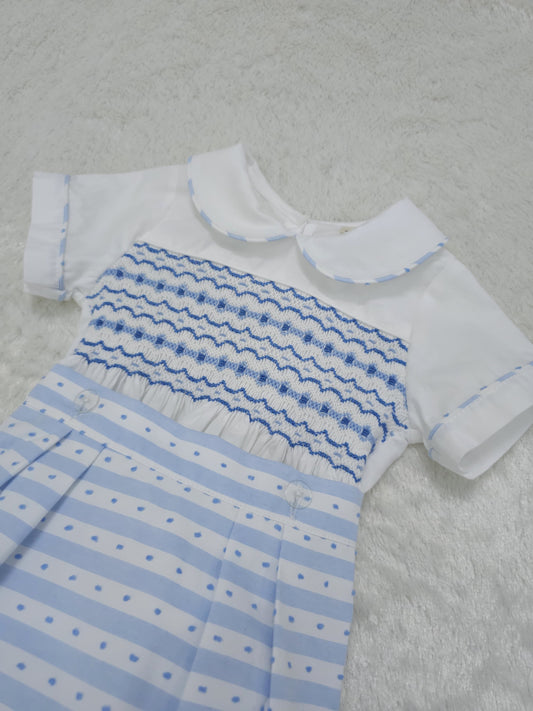 Baby blue stripe smocked boys romper