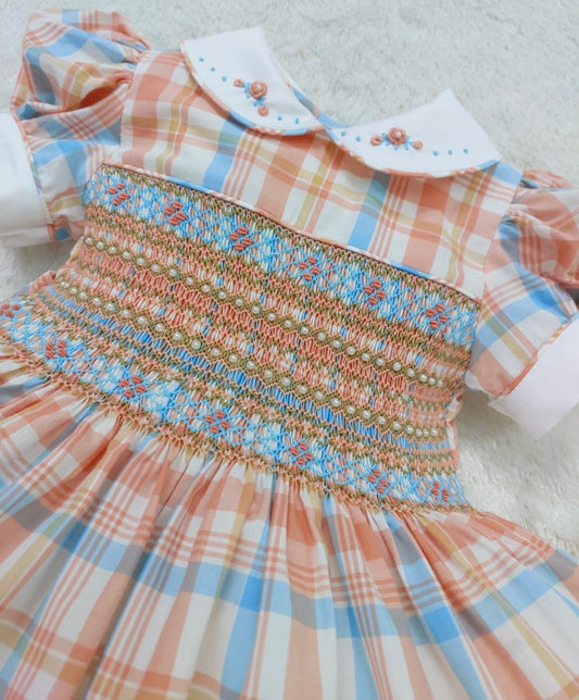Checkered smocked dress with pearls