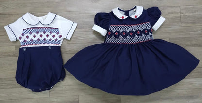Navy and red smocked back and front ( got matching boys suit ) PRE ORDER HERE IN 2-3 WEEKS