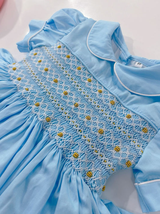 Baby blue with gold smocking dress