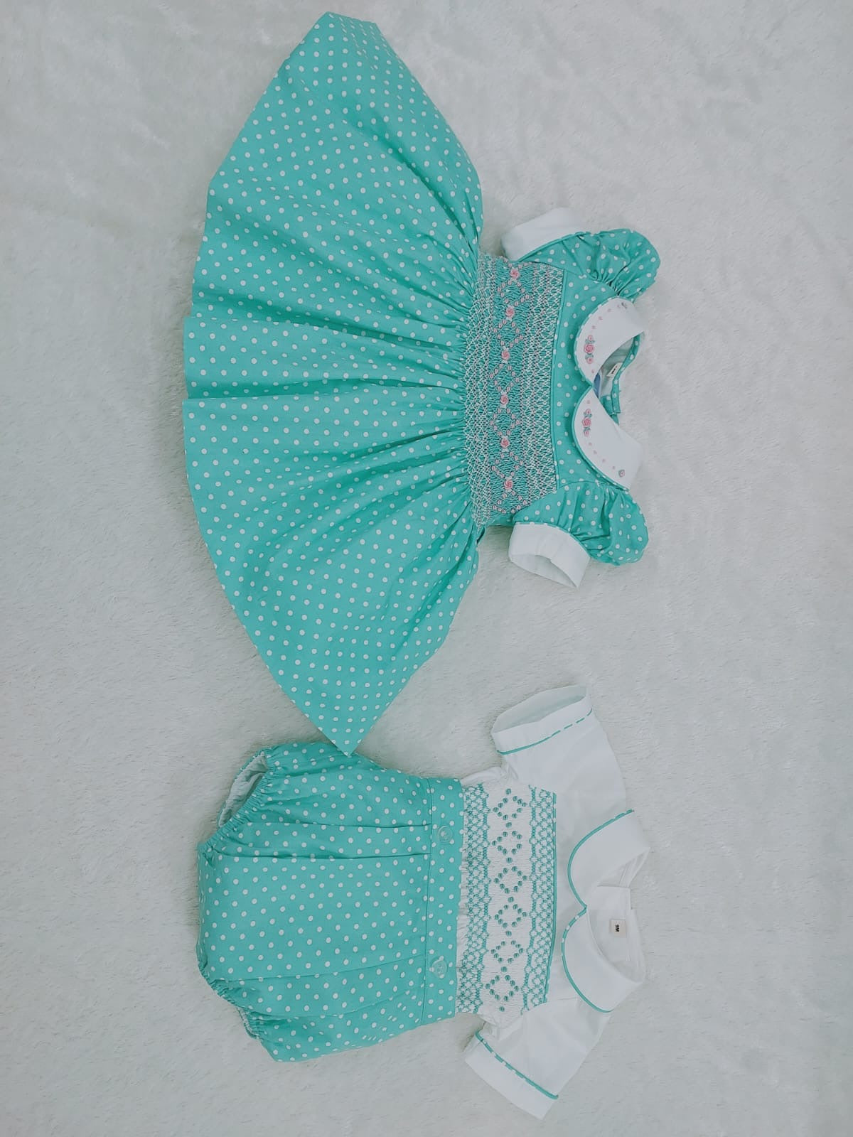 Turquoise polkadot smocked dress