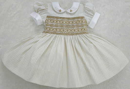 Gold and white striped dress with tan smocking ( got matching boys suit available )