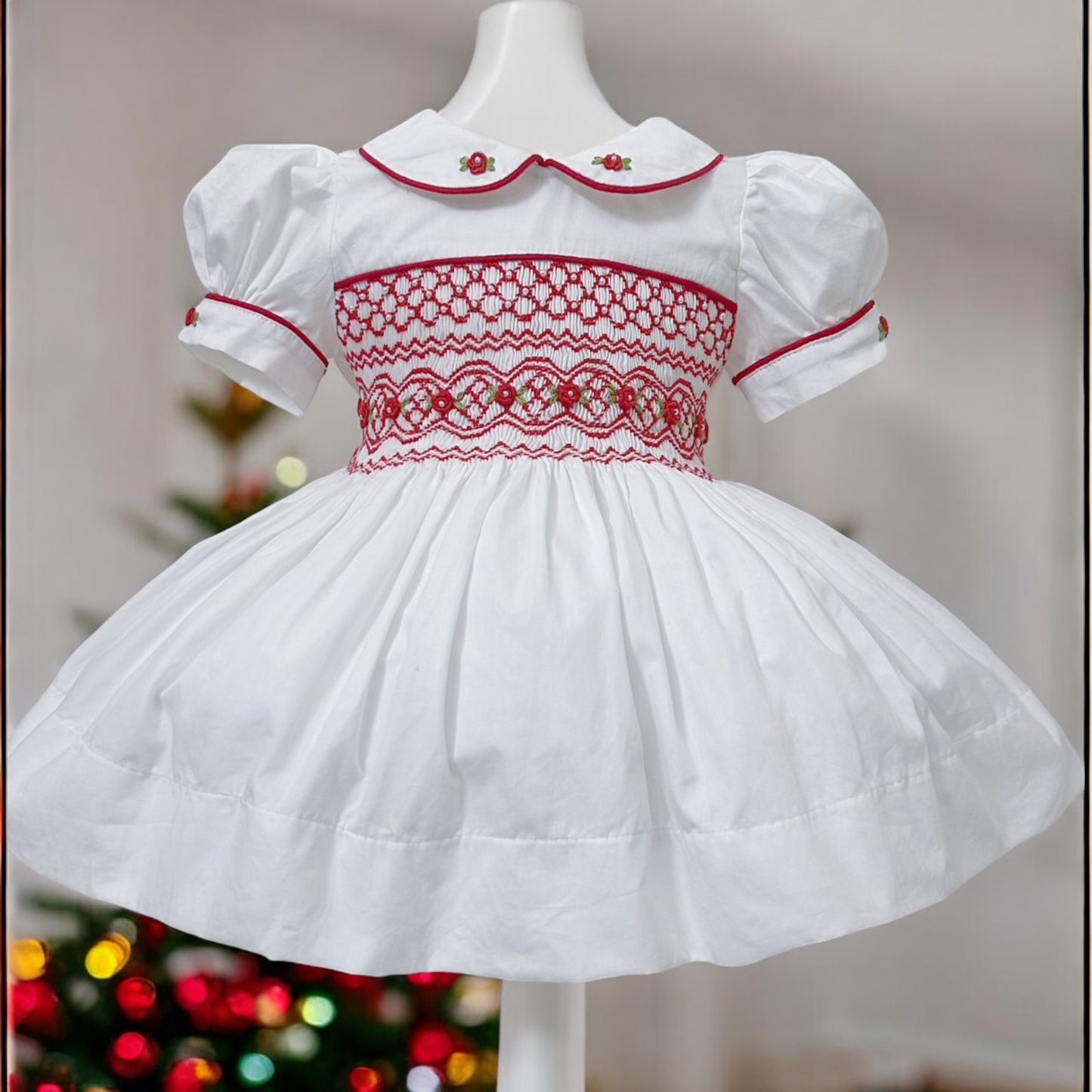 White and Red smocked Dress