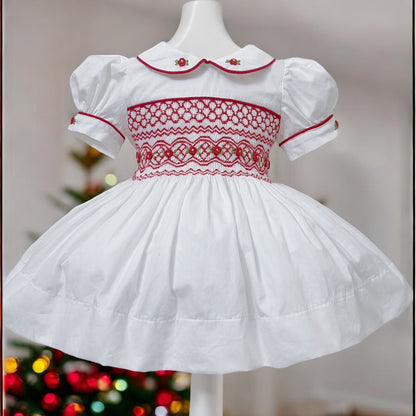 White and Red smocked Dress
