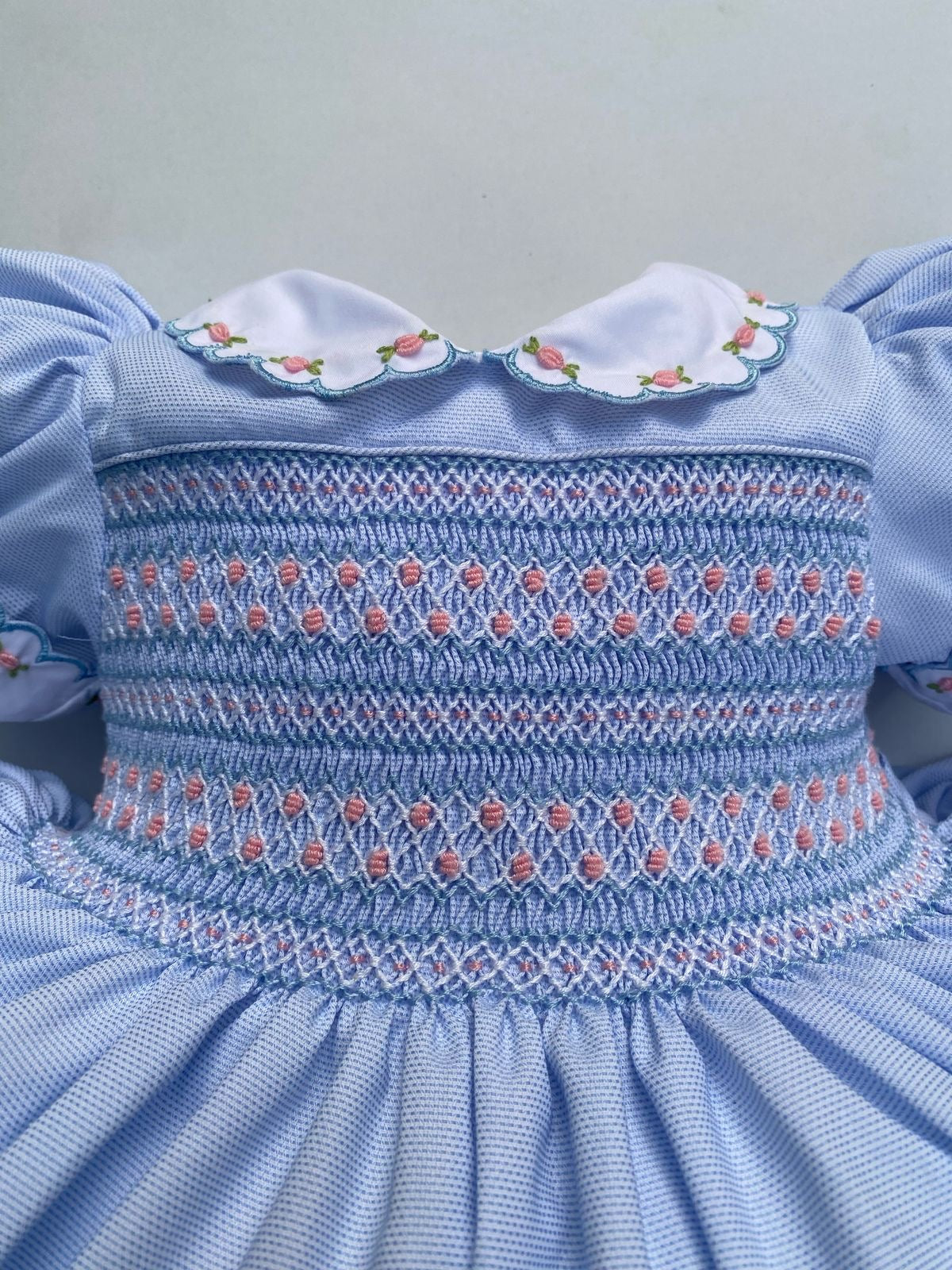 Luxe Blue and pink smocked back and front