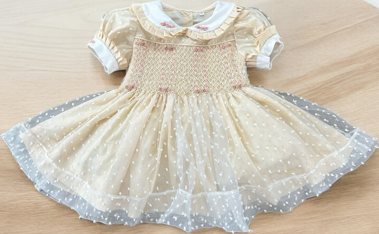 Cream organza smocked dress with pink