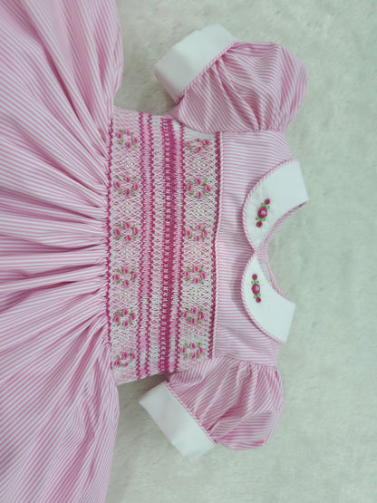 Pink stripe hand smocked dress