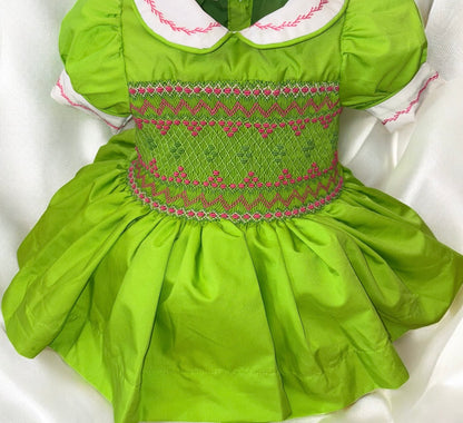 Bright green with hot pink smocked back and front