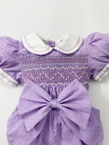 Luxe lilac Swiss dot smocked romper