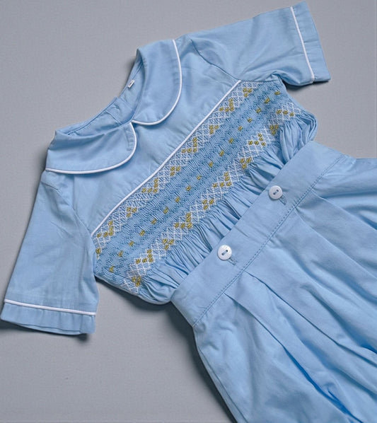 Blue with gold & white smocking ( got matching dress available )