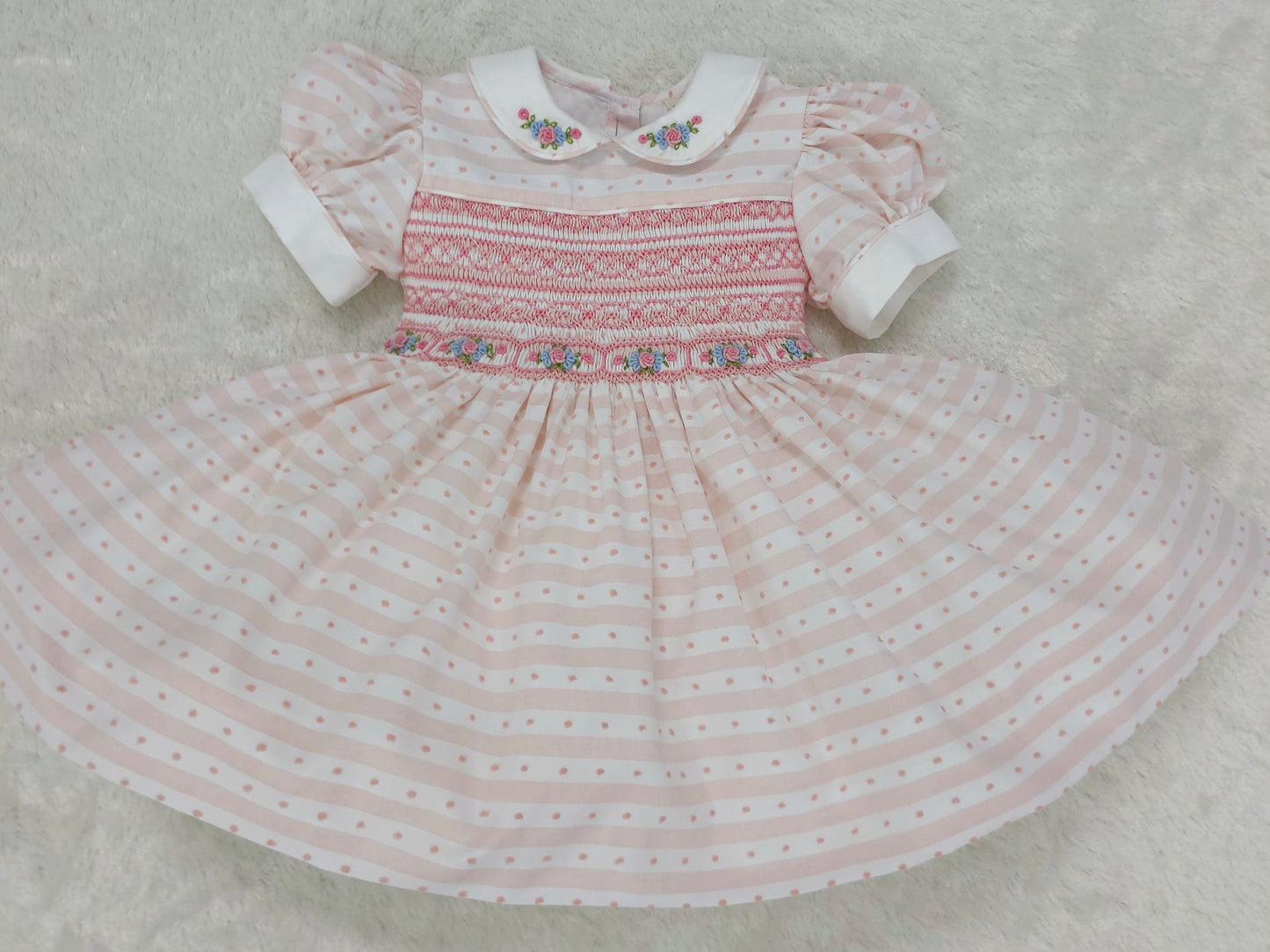 Baby pink striped Swiss dot smocked dress