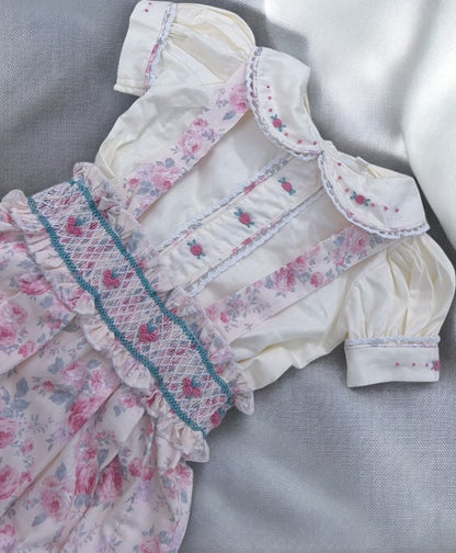 Girls floral romper with smocked waistband and cream shirt ( got matching dress available?