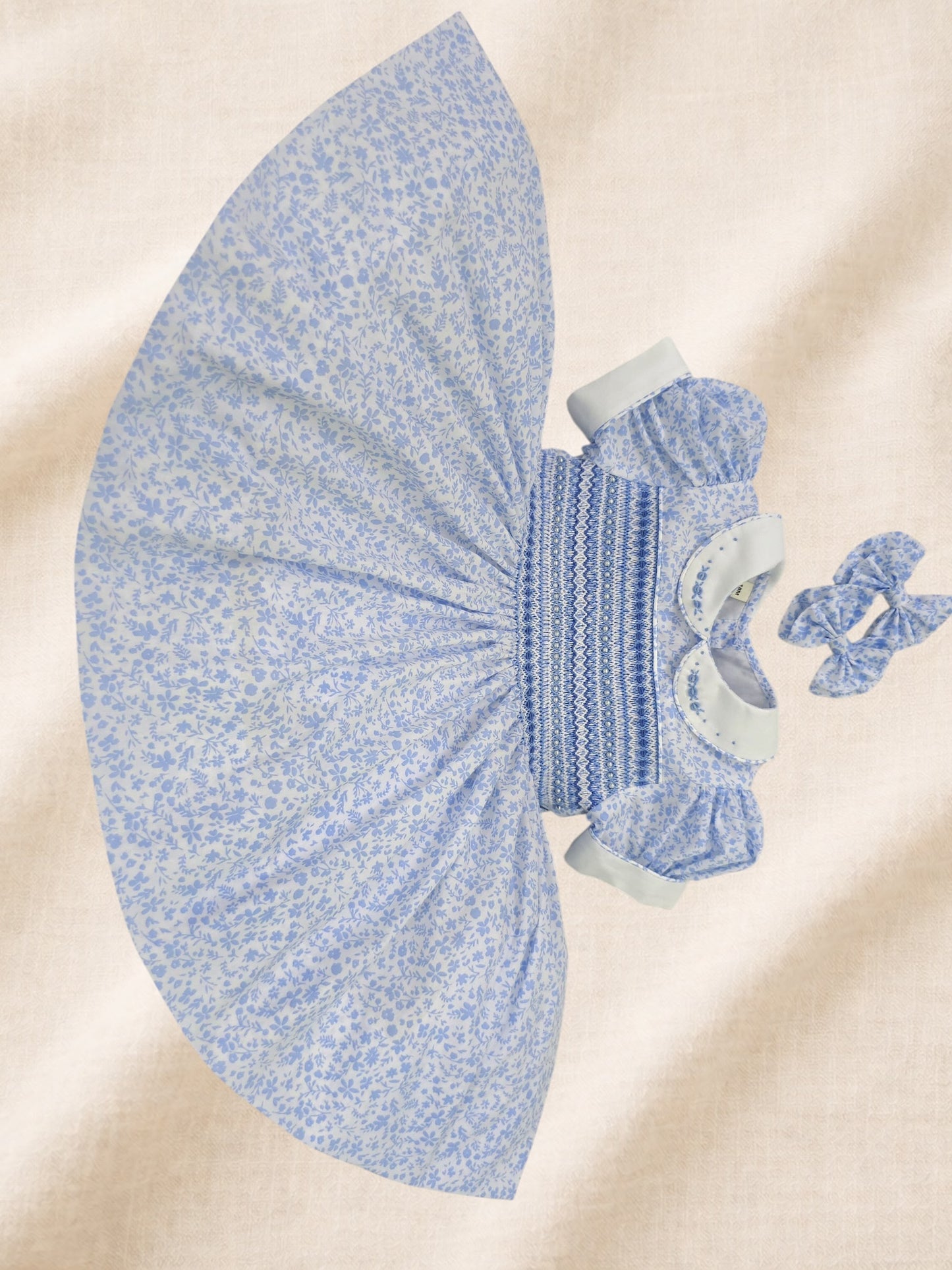 Blue Ditsy Floral Hand-Smocked Dress