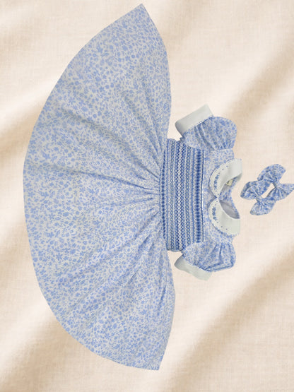 Blue Ditsy Floral Hand-Smocked Dress