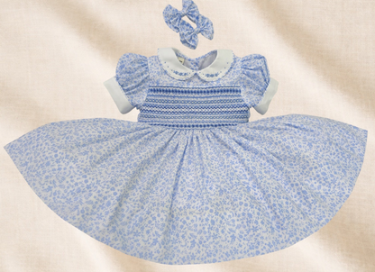 Blue Ditsy Floral Hand-Smocked Dress