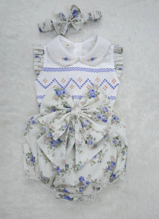 Lilac floral sleeveless hand smocked girls romper