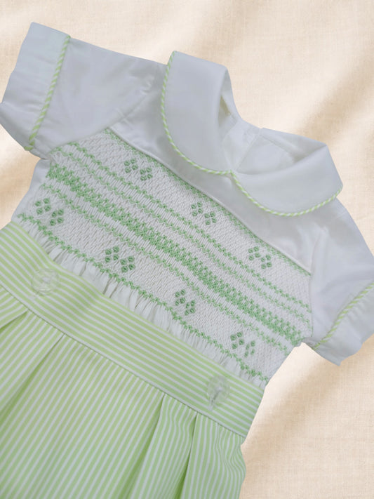 Apple Green Stripe hand smocked boys suit ( have matching dress and girls romper available )