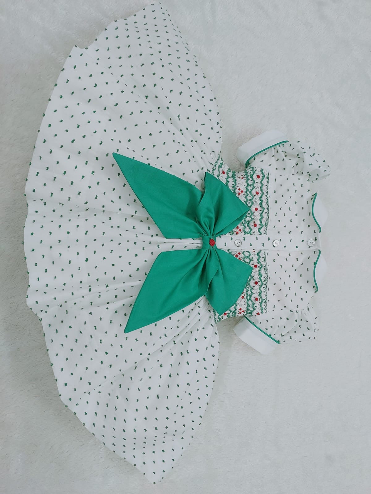 Green Swiss dot smocked back & front