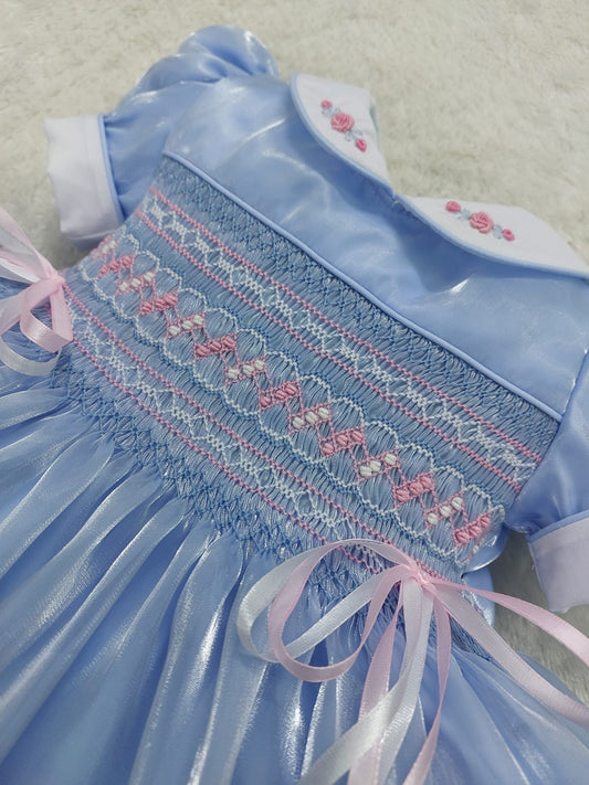 Blue silk with pink & white smocking and ribbon