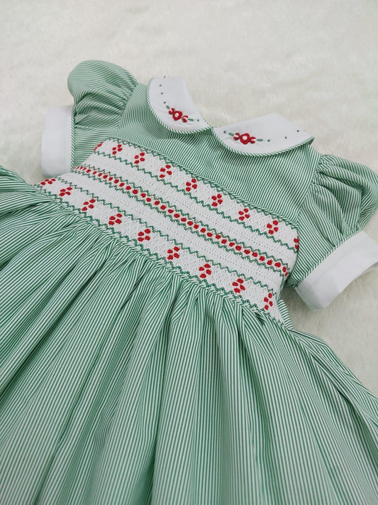 Green pinstripes smocked dress