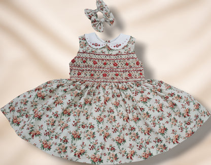 Vintage Style Red Floral Hand-Smocked Sleeveless Dress