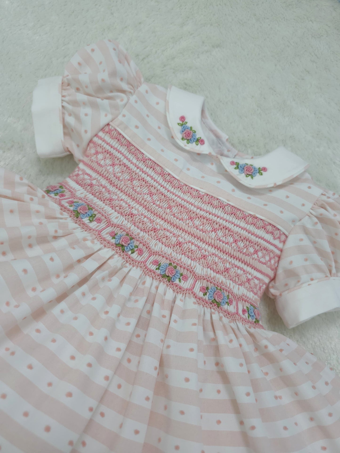Baby pink striped Swiss dot smocked dress