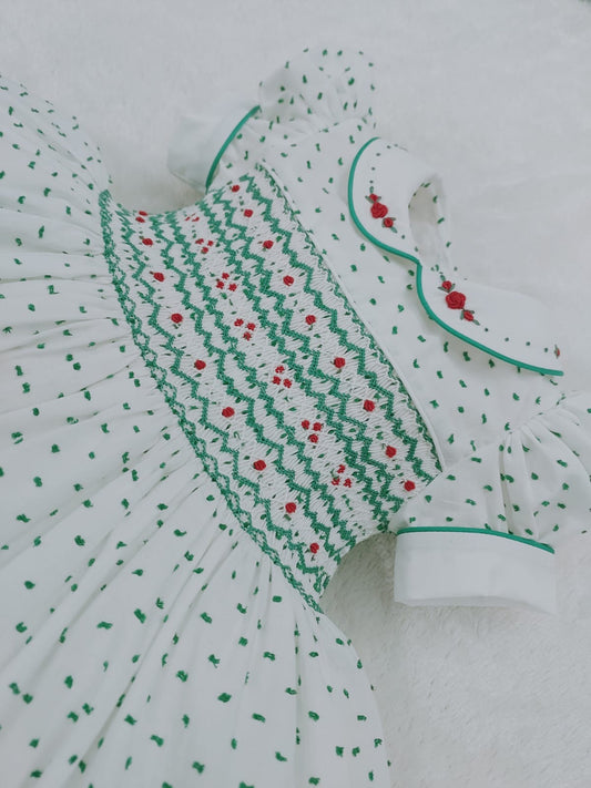 Green Swiss dot smocked back & front
