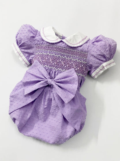 Luxe lilac Swiss dot smocked romper
