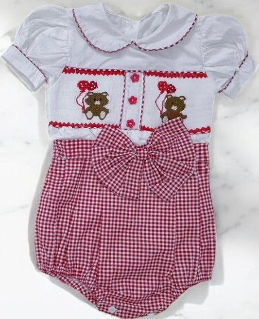 Girls red checkered smocked teddy bear romper