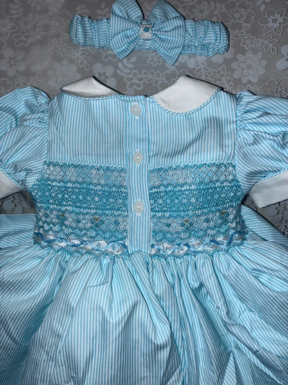 Blue stripe smocked back and front ( got matching boys suit available )