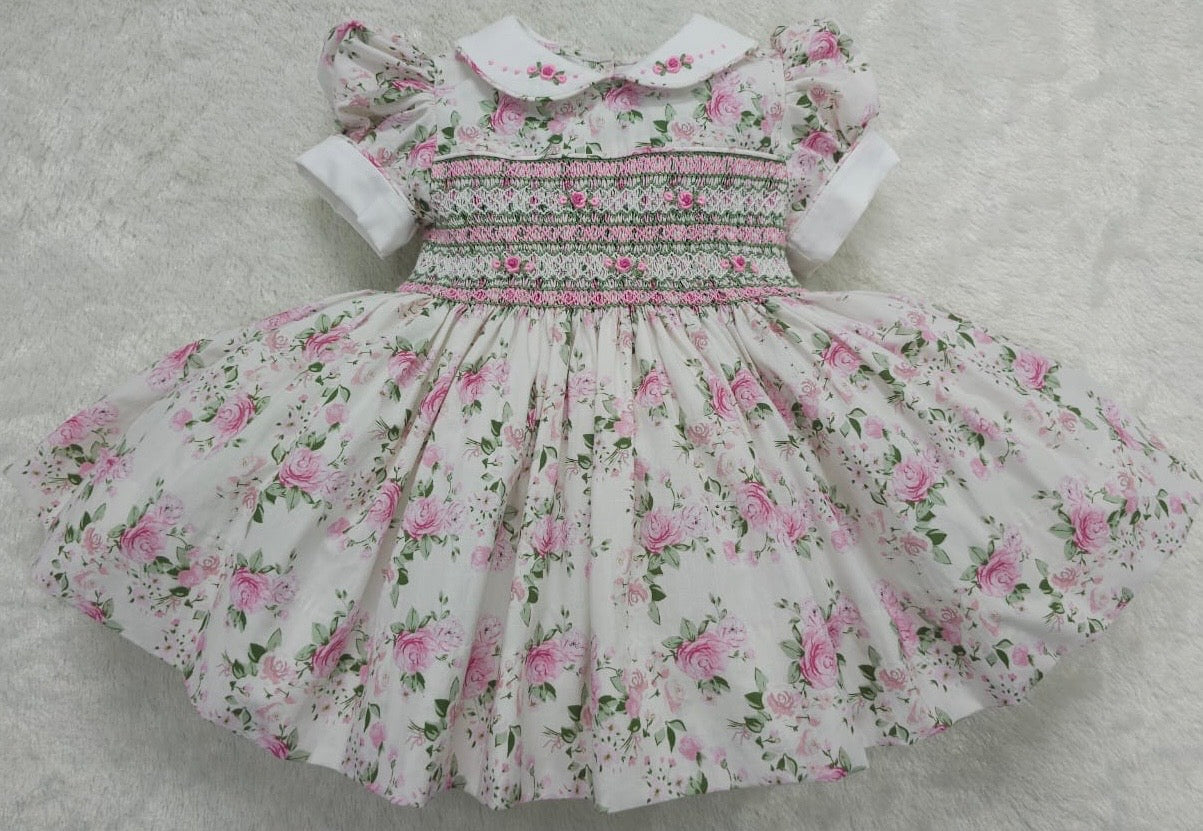 Floral dress smocked back & front with fixed bow at back