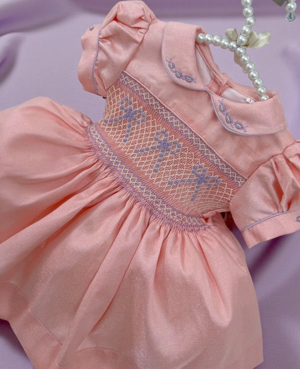 Peach Taffeta Hand-Smocked Dress with Lilac Embroidery