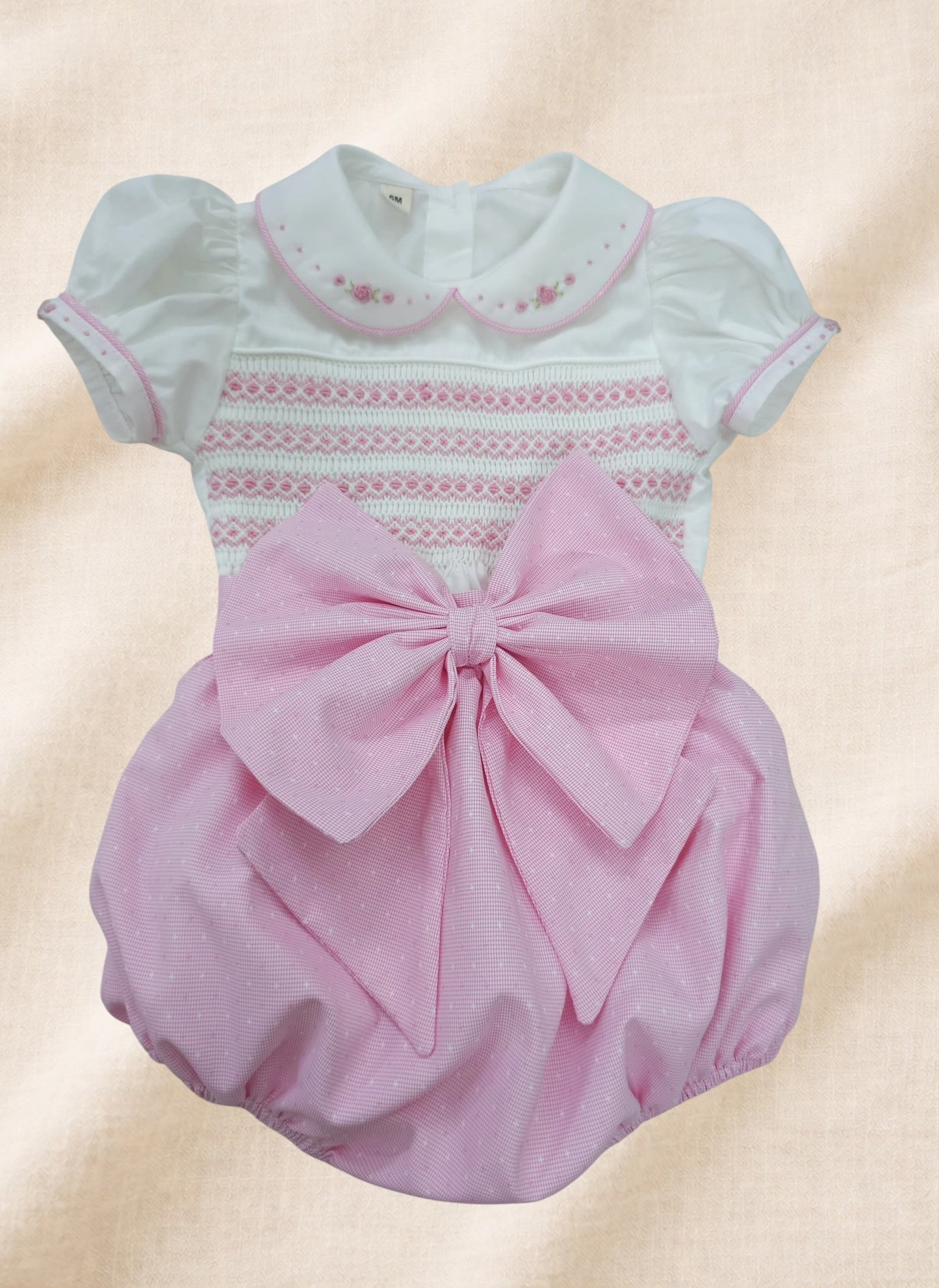 Pink Rose Hand Smocked Girls Romper