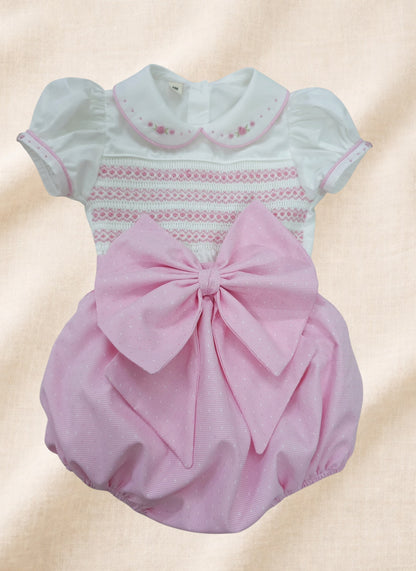Pink Rose Hand Smocked Girls Romper