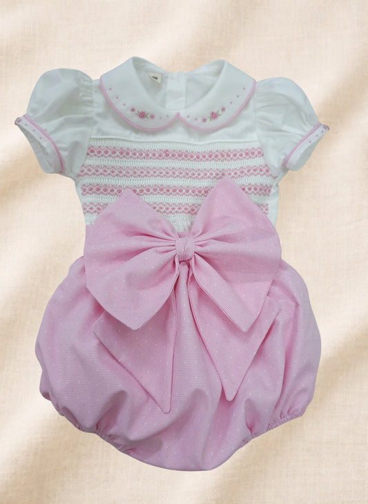 Pink Rose Hand Smocked Girls Romper