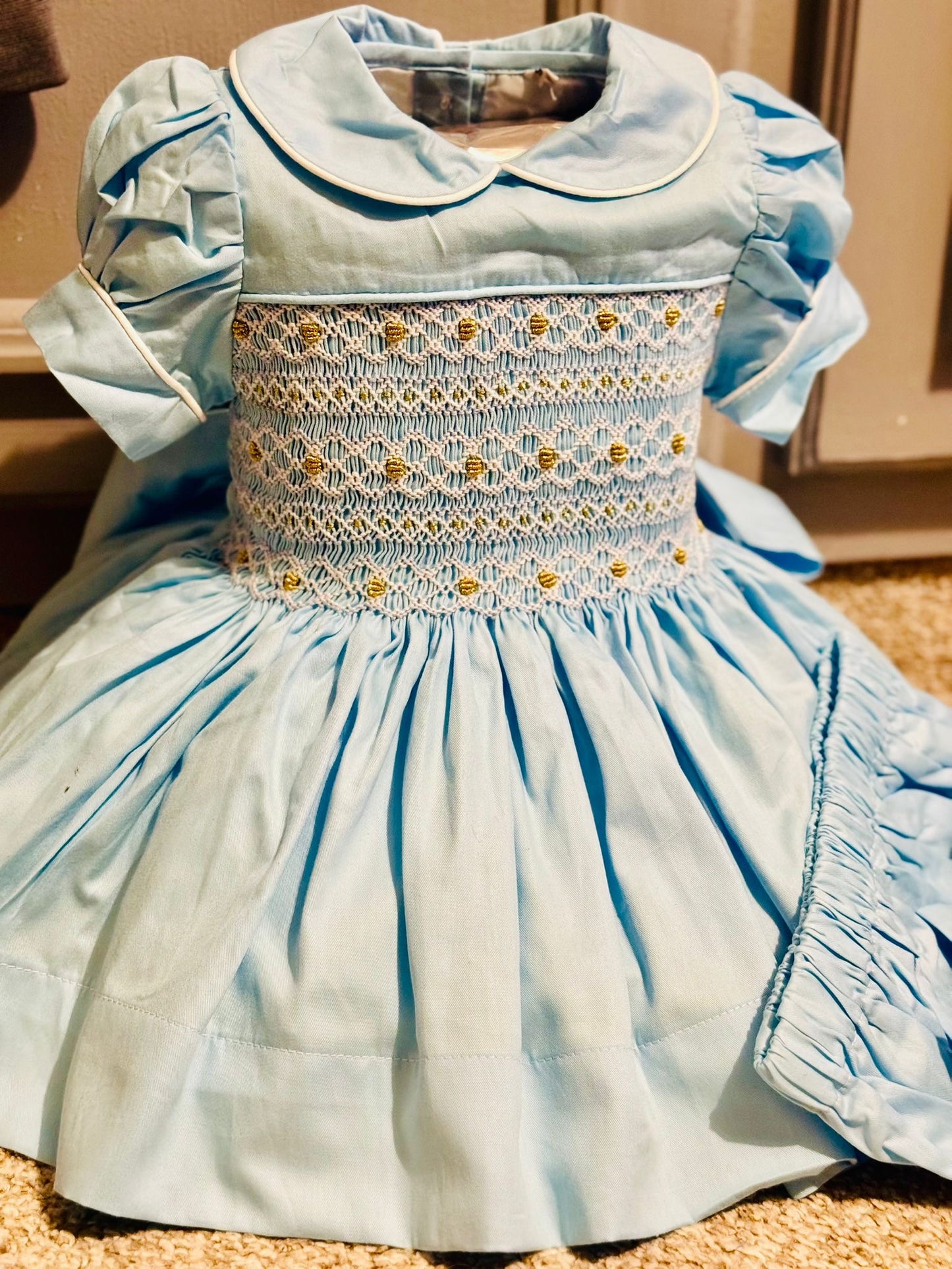 Baby blue with gold smocking dress