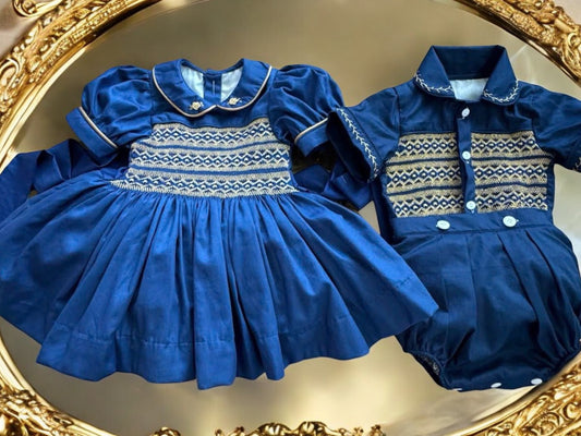 Navy with gold smocking dress ( matching boys suit available )