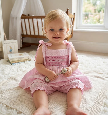 Baby pink love heart hand smocked summer set - Bloomer shorts & vest top