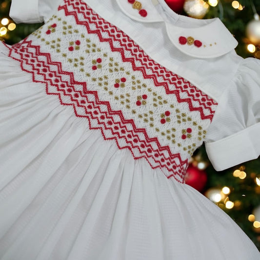 White smocked back and front with red and gold ( for matching boys suit ) PRE ORDER HERE IN 2-3 WEEKS
