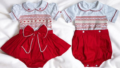 Red smocked skirt romper