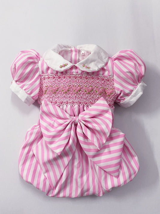 Pink luxe stripe smocked romper comes with hair bow