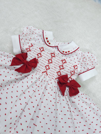 White with red Swiss dot and attached bows