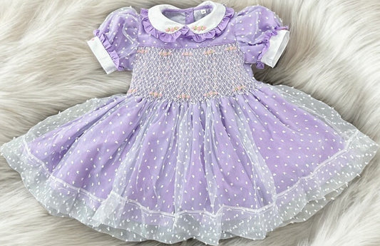 Lilac organza smocked dress with pink embroidery