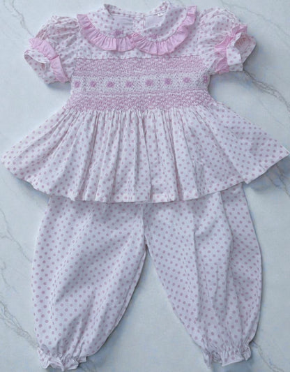 Pink polkadot hand smocked pyjamas