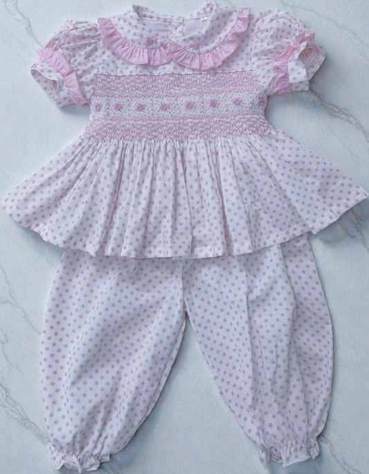Pink polkadot hand smocked pyjamas