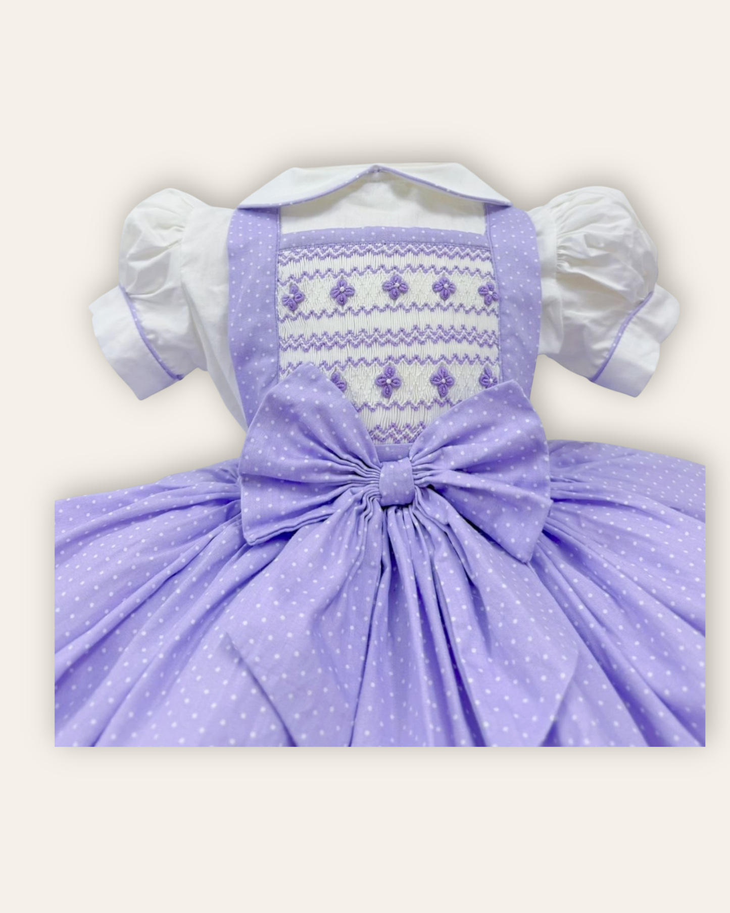 Lilac polkadot smocked pinafore dress